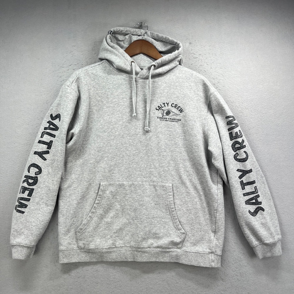 Salty Crew Hoodie Mens Large Gray Fishing Charters Graphic Sweatshirt Surf Beach